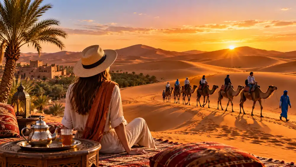 Sand dunes of the Sahara desert near Merzouga at golden hour