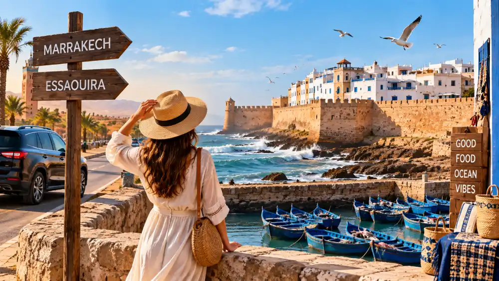 Essaouira port ramparts and fishing boats, day trip from Marrakech